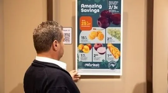 Cliente frente a una cartelera digital de promociones en un supermercado